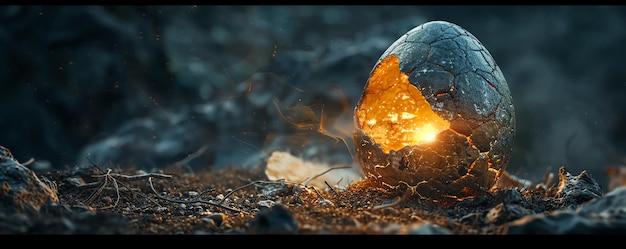 8 A cracked dinosaur egg revealing a mysterious glowing light inside placed on the right side of a dark fantasy background