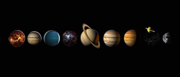 Photo 8 planets from our solar system in horizontal layout