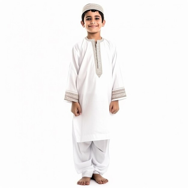 8 Year Old Dubai Boy in Traditional Thobe on white background 1