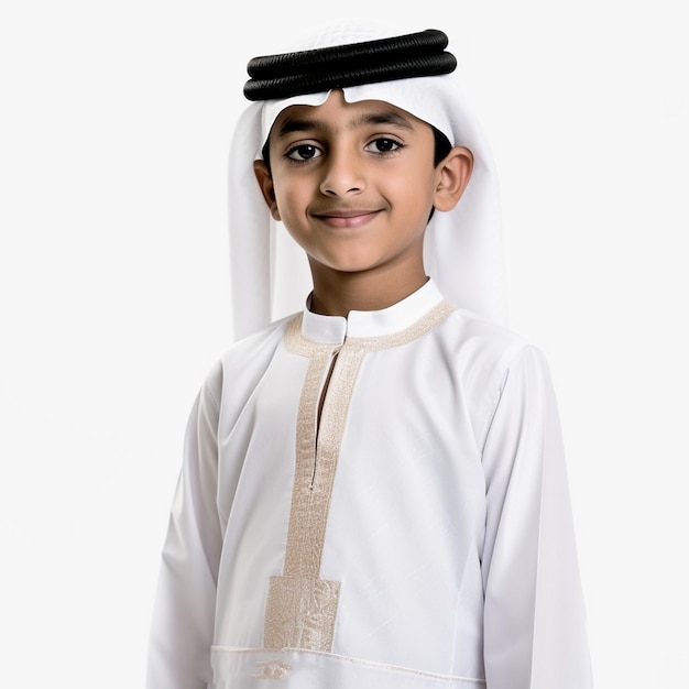 8 Year Old Dubai Boy in Traditional Thobe on white background 3