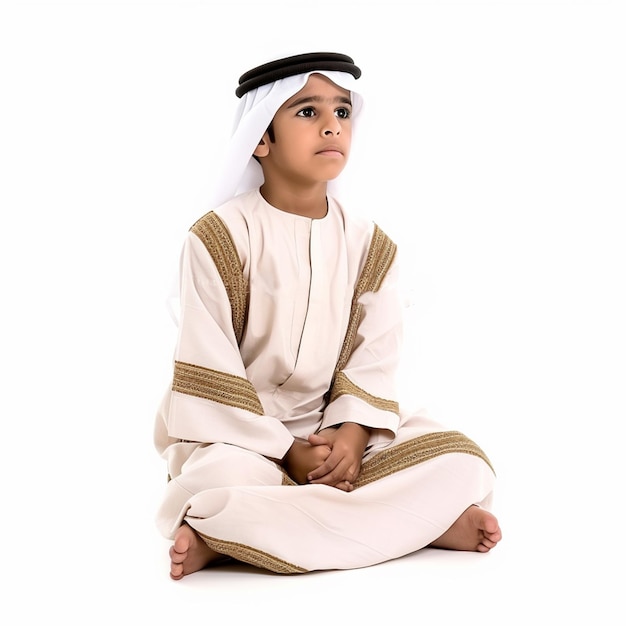 8 Year Old Dubai Boy in Traditional Thobe on white background 4