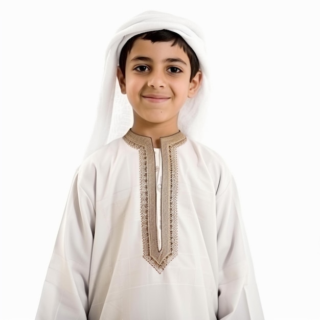 8 Year Old Dubai Boy in Traditional Thobe on white background 8