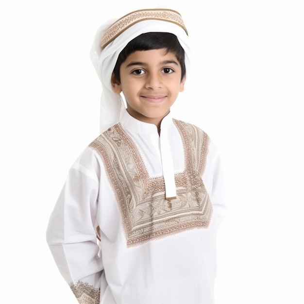 8 Year Old Dubai Boy in Traditional Thobe on white background 9