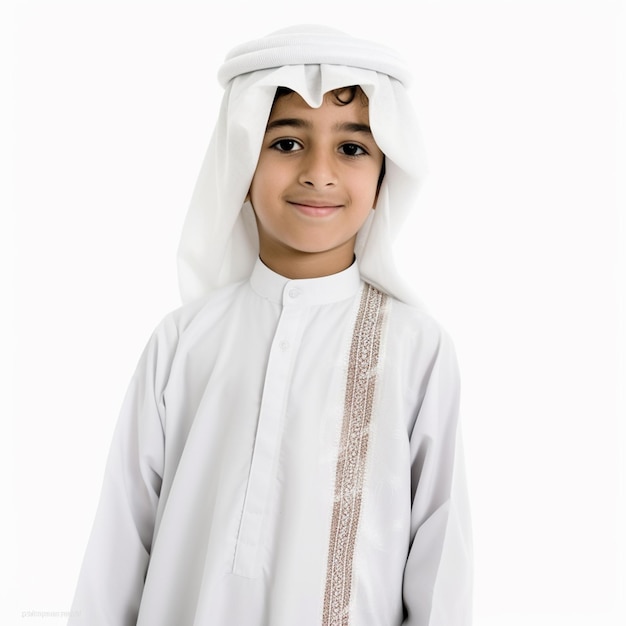 8 Year Old Dubai Boy in Traditional Thobe on white background 9