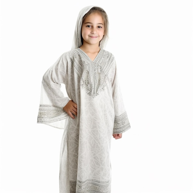 8 Year old girl with Traditional Thobe on white background 2