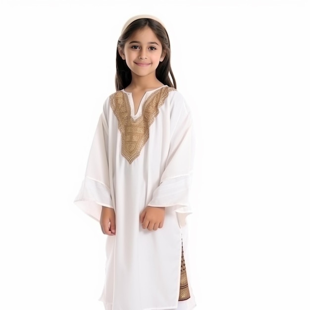 8 Year old girl with Traditional Thobe on white background 3