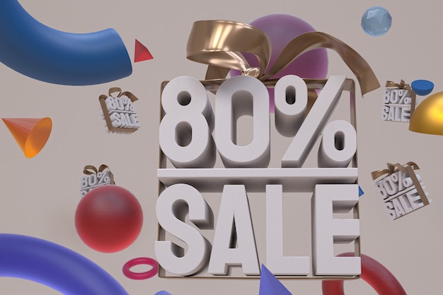 80% sale with bow and ribbon 3d design on abstract geometry background