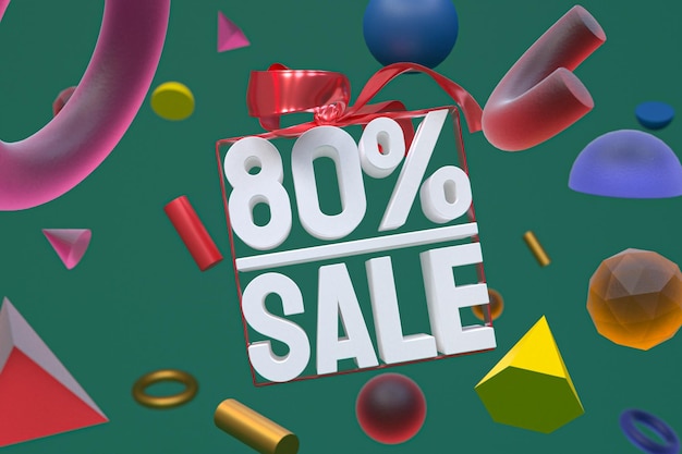 80% sale with bow and ribbon 3d design on abstract geometry background