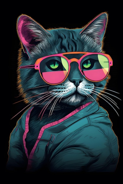 80s fashion cat 1950 illustration vector art black background