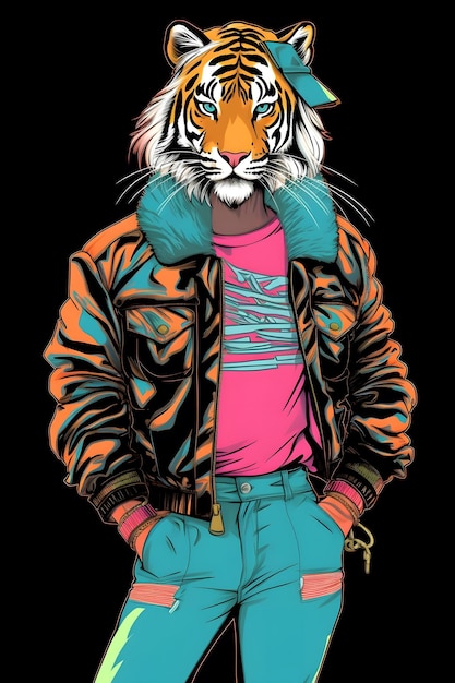 80s fashion tiger 1950 illustration vector art black background