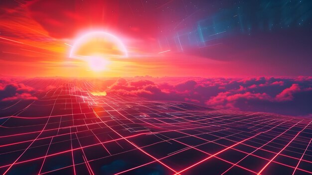 Photo 80s retro futuristic scifi illustration retrowave video game landscape with neon grids