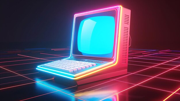 Photo 80s retro wave allinone computer illuminated by neon light against a black background