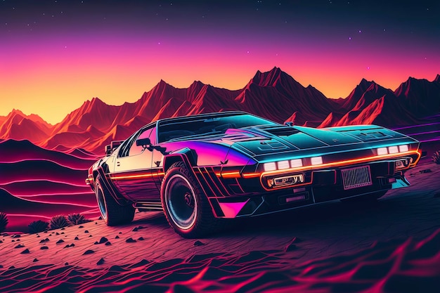 80s synthwave styled landscape with mountains and sunset Generative AI