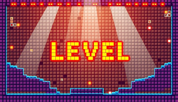 Photo 8bit game level up pixel screen retro arcade user interface mosaic backdrop or level design