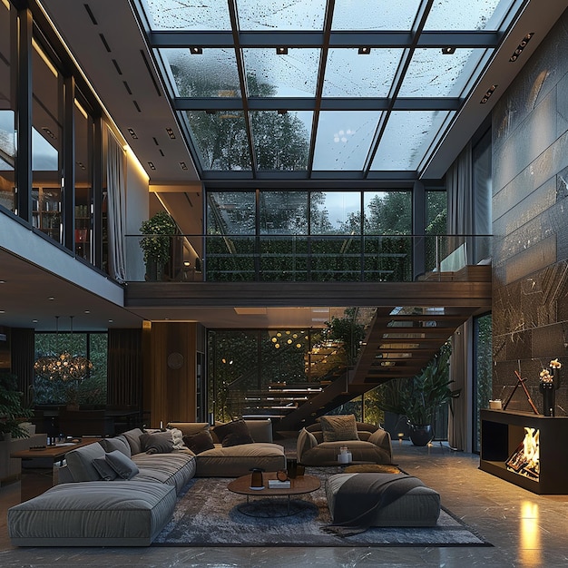 8h In the evening on rainy days the super large living room super large skylight stairs sofa f