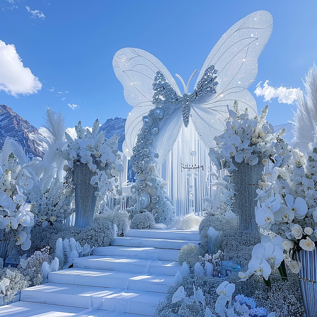 Photo 8h a huge white butterfly installation with crystal and silver embellishments surrounded by beautif