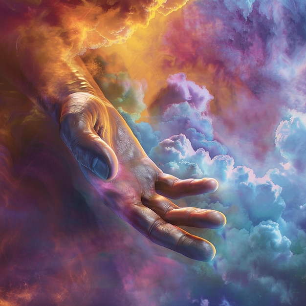 8h an image a hand being close to gods hand with a vivid cloudy pastelle background just like the