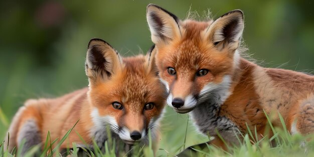 8K Image of Foxes Playing in Meadow with Orange Fur Against Green Grass Concept Nature Photography Wildlife Foxes Meadow Vibrant Colors