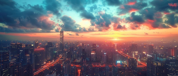 8K photo of an urban skyline at sunset with beautiful sky colors and sharp details