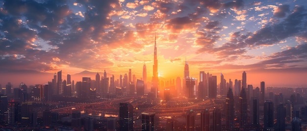 8K photo of an urban skyline at sunset with beautiful sky colors and sharp details