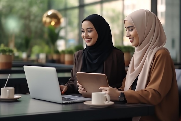 8k Two business asian muslim women using laptop and tablet for working together in office respect a