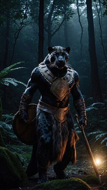 Photo 8k ultra hd realistic photo of a black jaguar in barbarian folk clothing with a shield and spear