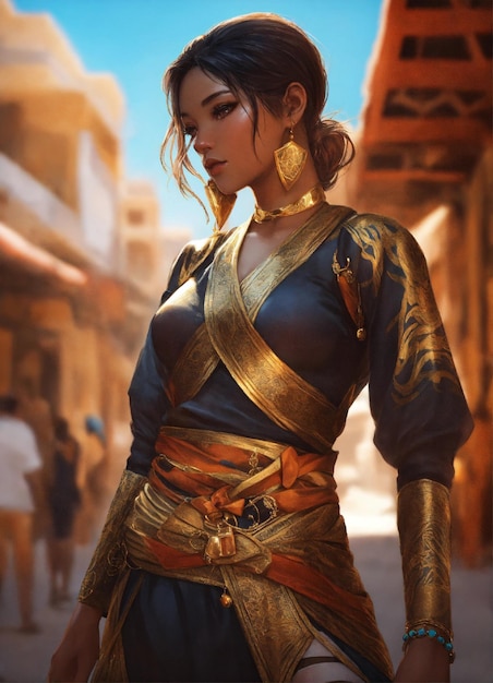 8k wallpaper of a mysterious kunoichi wearing gold jewelry in the streets of a city in the Western S