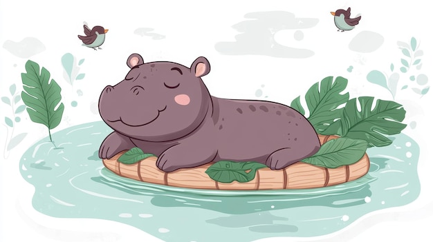 Photo 9 a playful pygmy hippo floating on a small raft made of leaves with tiny birds flying around outlined in a cute and simple sticker style