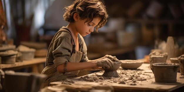 A 9 year old boy explores the art of pottery making in a creative workshop molding clay into beautiful masterpieces AI Generative AI