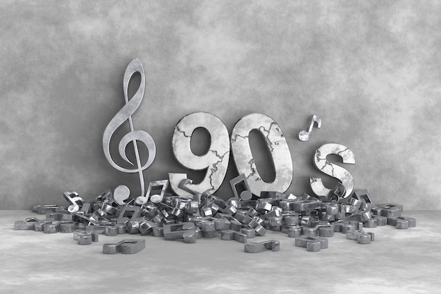 90's music cover design Treble clef and music notation 3D rendering