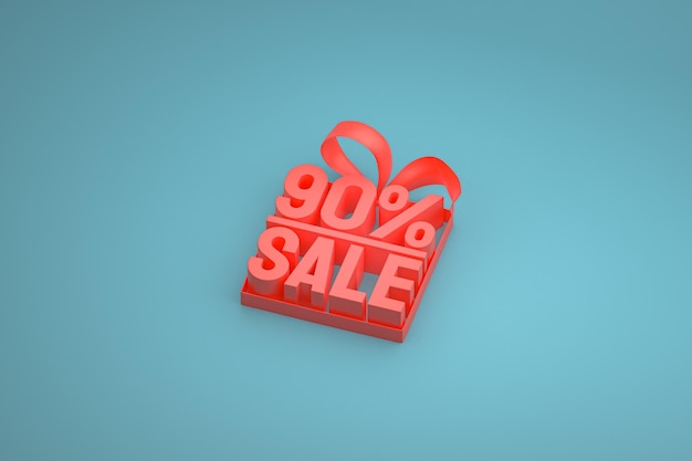 90% sale in box with ribbon and bow on blue background