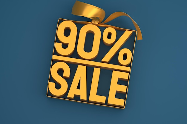 90% sale in box with ribbon and bow on blue background