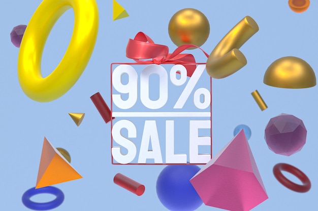 90% sale with bow and ribbon 3d design on abstract geometry background