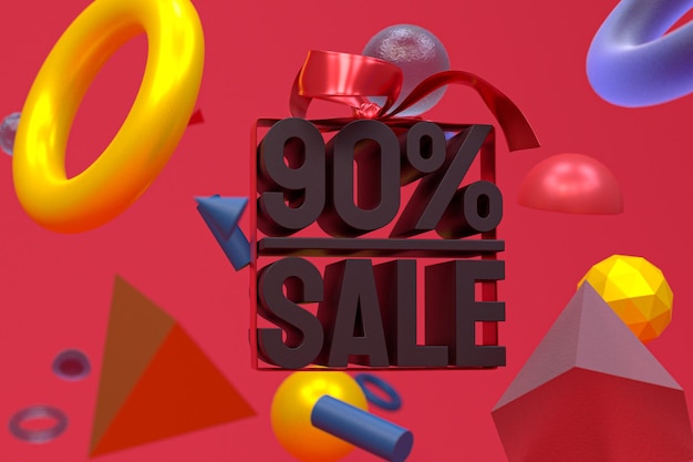 90% sale with bow and ribbon 3d design on abstract geometry background