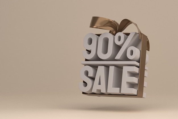 90% sale with bow and ribbon 3d design on empty background