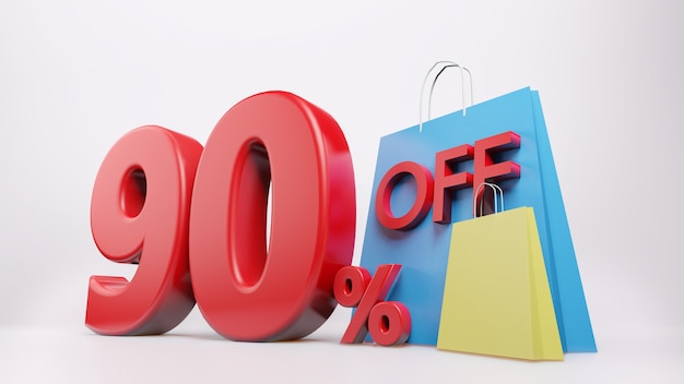 90% symbol with shopping bag , 3D render isolated