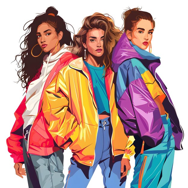 90s street fashion illustration denim blouses bright colors and abstract shapes