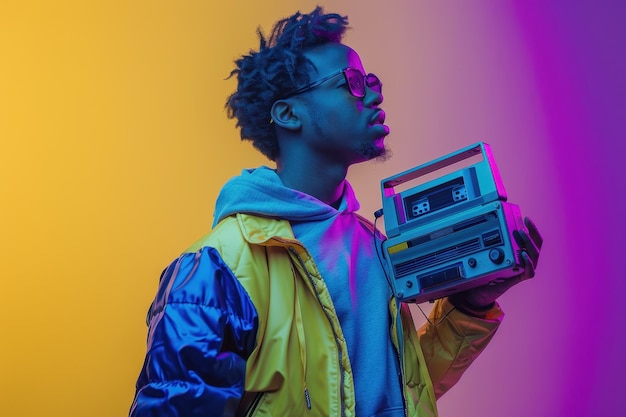 Photo 90s style african american man dancing with cassette player in yellow and purple colors