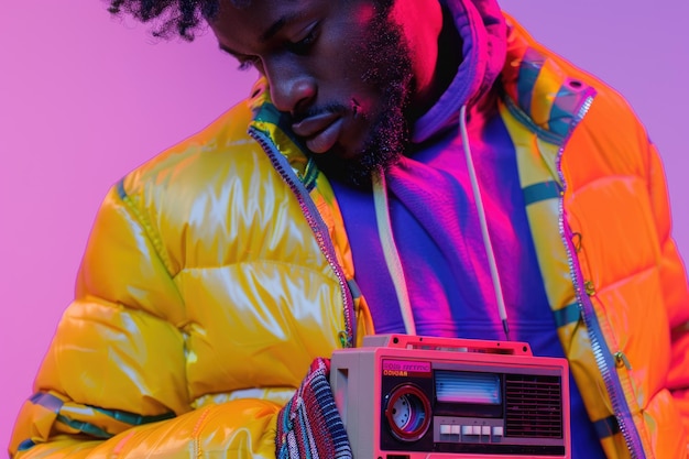 Photo 90s style african american man with cassette player in fun colors