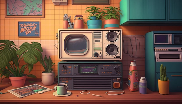 90s style detalied retro design room background AI