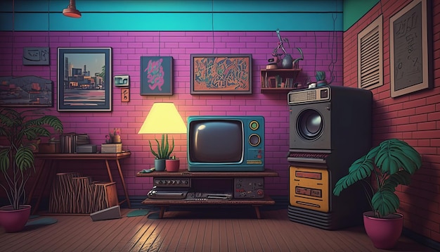 90s style detalied retro design room background AI