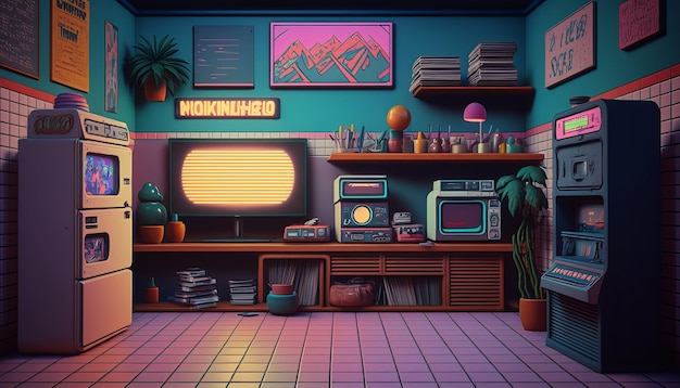 90s style detalied retro design room background AI