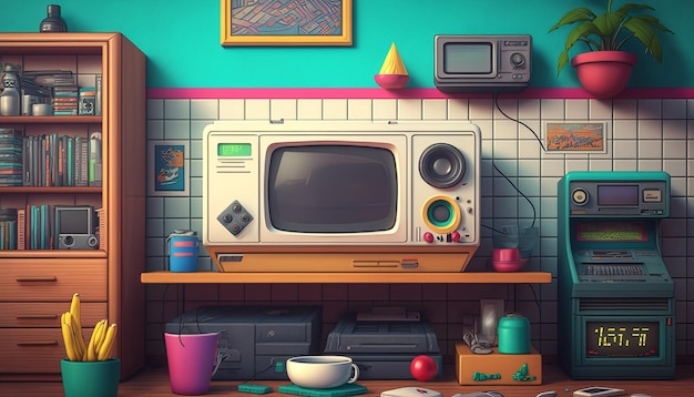 90s style detalied retro design room background AI