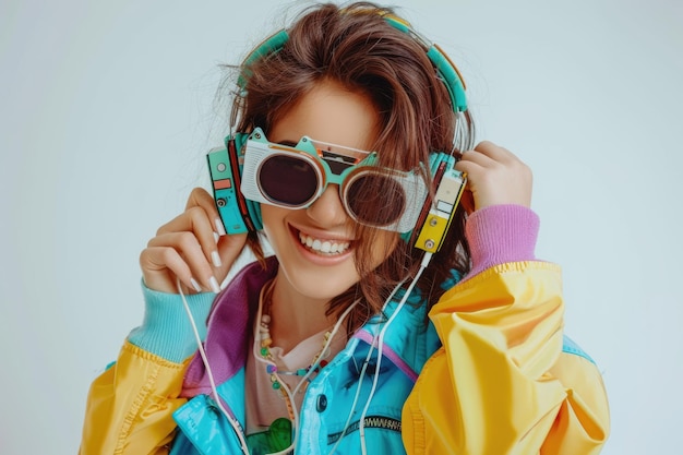 90s style girl with cassette player and headphones in studio