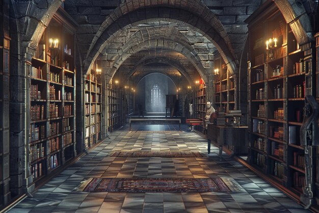 970s dark fantasy book cover paper art dungeons and dragons style of a peaceful empty and cozy medieval library minimalist far perspective colored picture