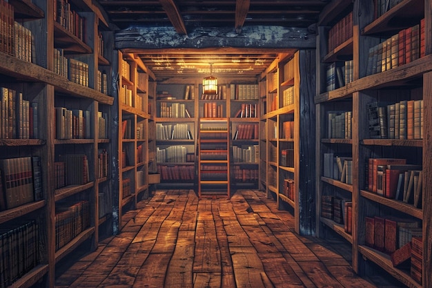 970s dark fantasy book cover paper art dungeons and dragons style of a peaceful empty and cozy medieval library minimalist far perspective colored picture