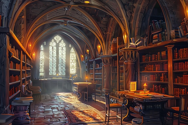 970s dark fantasy book cover paper art dungeons and dragons style of a peaceful empty and cozy medieval library minimalist far perspective colored picture