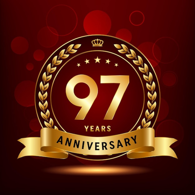 97th anniversary celebration logo design with laurel wreath and golden ribbon Logo Vector Template