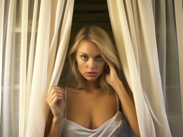 A_beautiful_blond woman_is_posing_behind_the_curtains_in_the_style