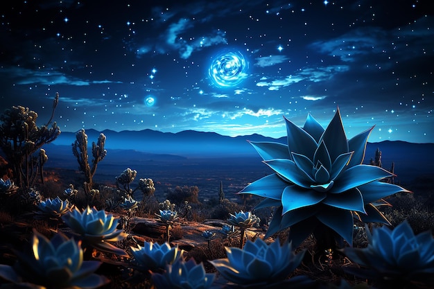 A_blooming_agave_plant_against_a_starry_night_sky_backgr